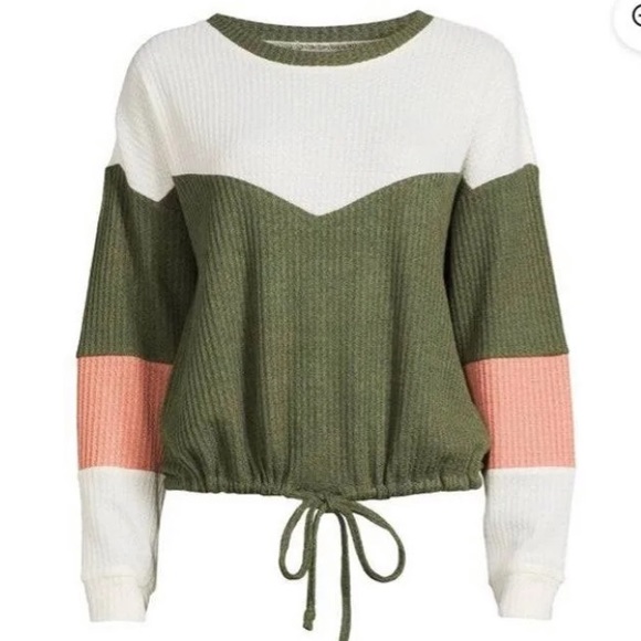 Green Knit Ling Sleeve Draw String Sweater - Picture 2 of 8